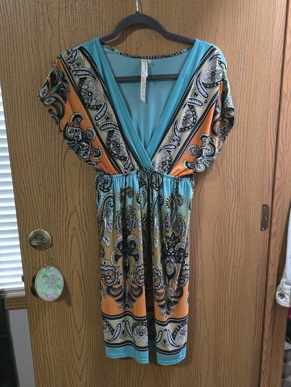 Turquoise and Orange Paisley V-Neck Women's Dress